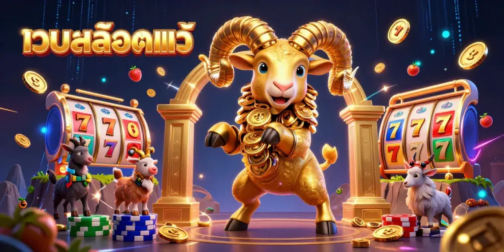 Experience the excitement of เว็บสล็อตแท้ with a dynamic golden ram charging through a vibrant casino.
