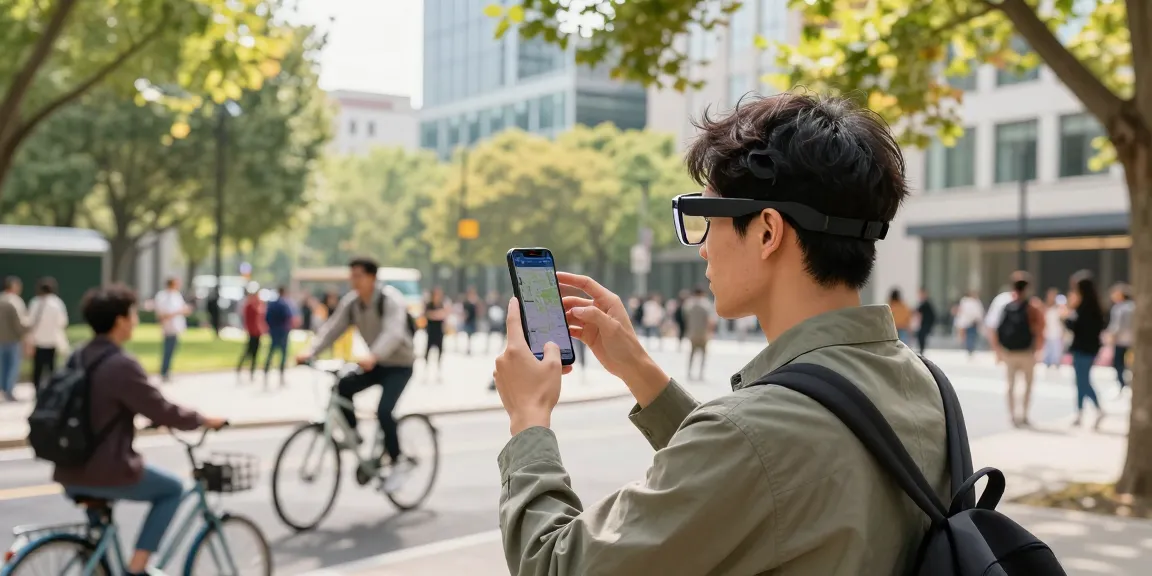 Person using smart glasses in an urban park, capturing moments with augmented reality features.