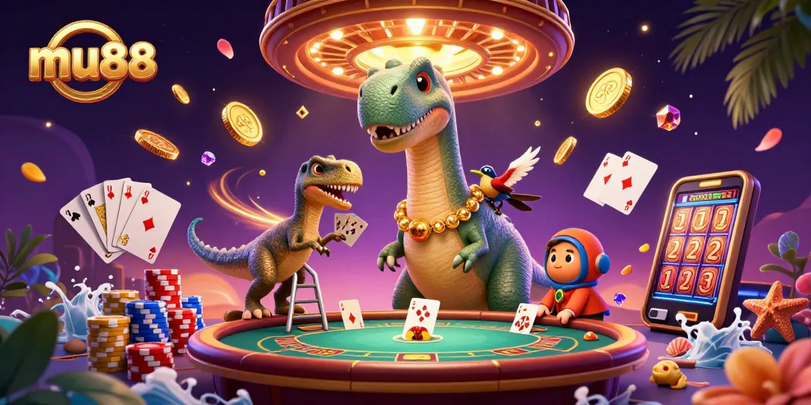 Experience jackpot excitement at mu88 with a whimsical 3D casino scene featuring playful characters.