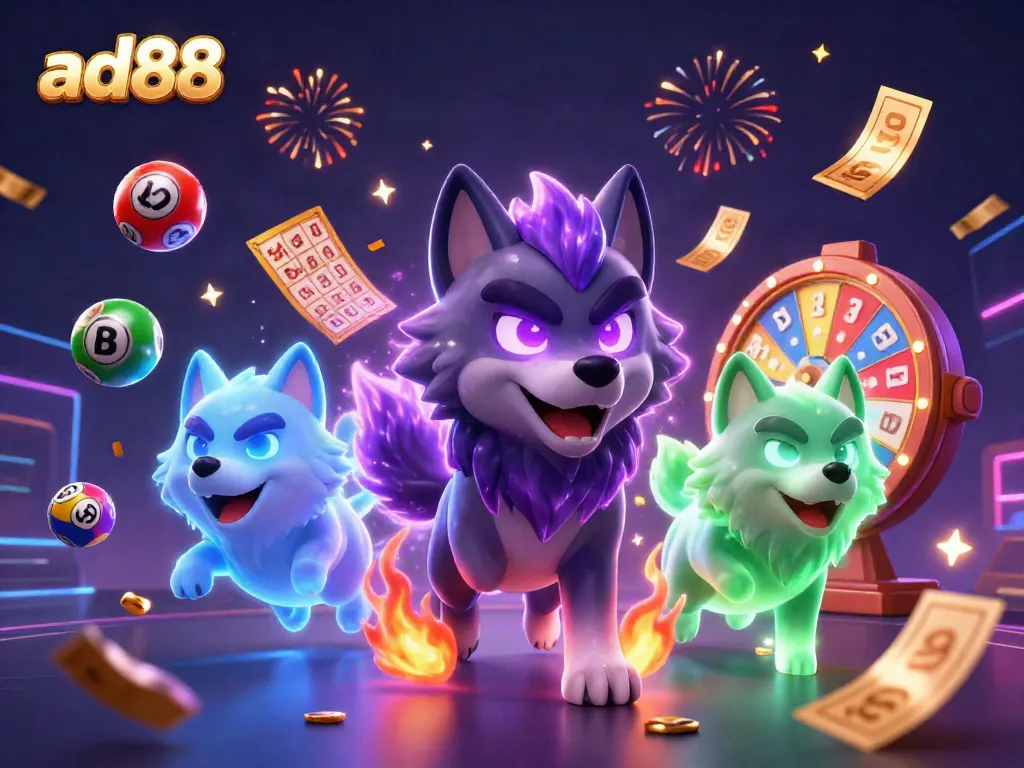 Experience exciting wins with ad88’s dynamic lottery scene, featuring vibrant elements and energetic wolf characters.