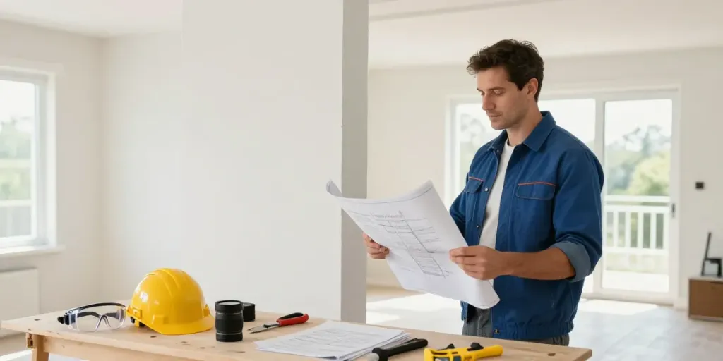 Draagmuur laten verwijderen in een lichte woonruimte met een aannemer die werkt aan renovatie.