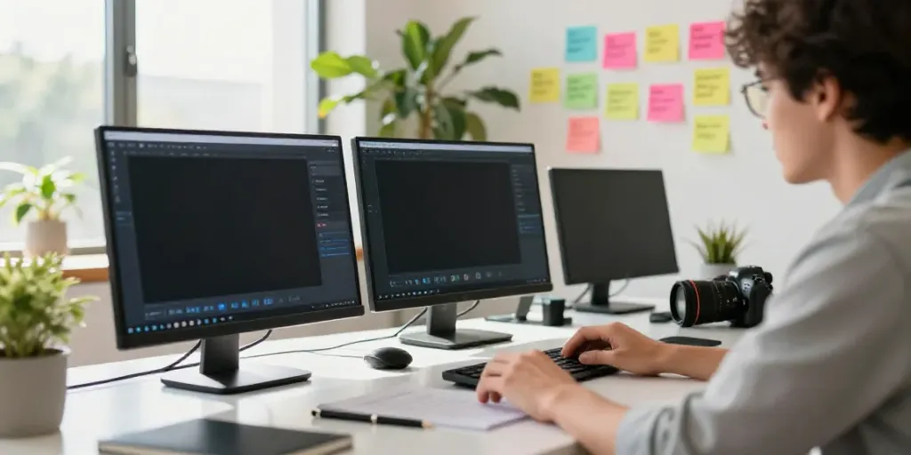 AI content generator in Spanish workspace highlighting creative process.