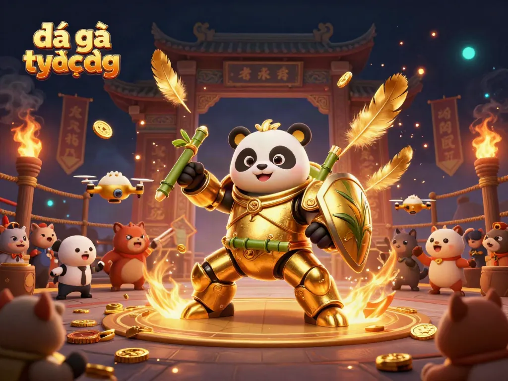 Engage in đá gà trực tiếp with a thrilling 3D cartoon scene of a mech-suit panda in a lively arena.