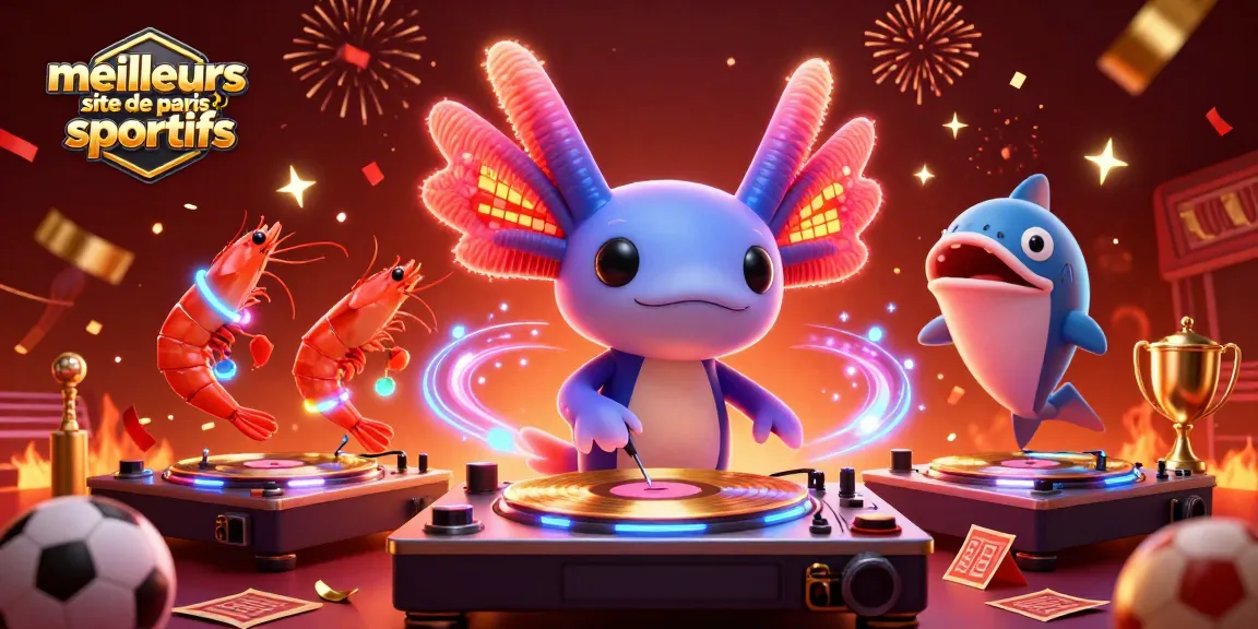 Image dynamique illustrant les meilleurs sites de paris sportifs avec un DJ axolotl et des éléments de jeu captivants.