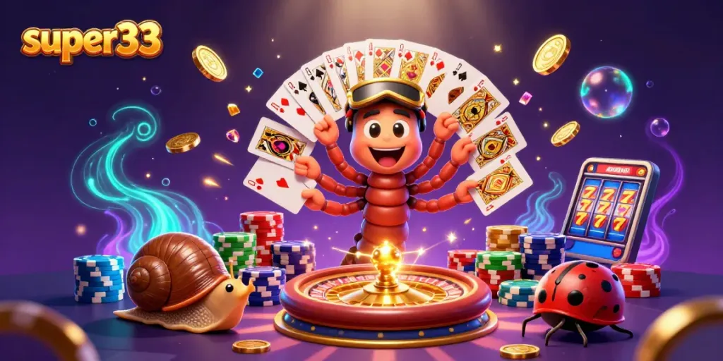 Engage with super33 themed casino action featuring a colorful scene of a playful millipede dealer and vibrant chip stacks.