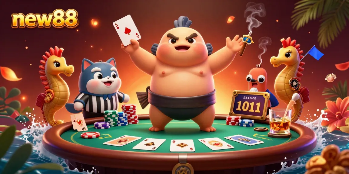 Gamble with new88 at an underwater poker scene with a fugu in a sumo belt, showcasing a lively atmosphere.