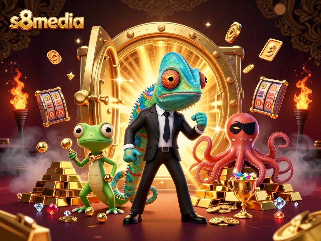 S8media brings excitement with vibrant casino characters amidst piles of treasures and jackpots.