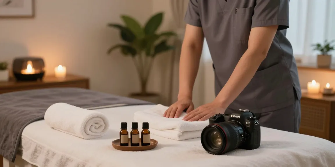 천호동출장마사지 session in a serene home environment with Korean therapist preparing the space, emphasizing relaxation and care.