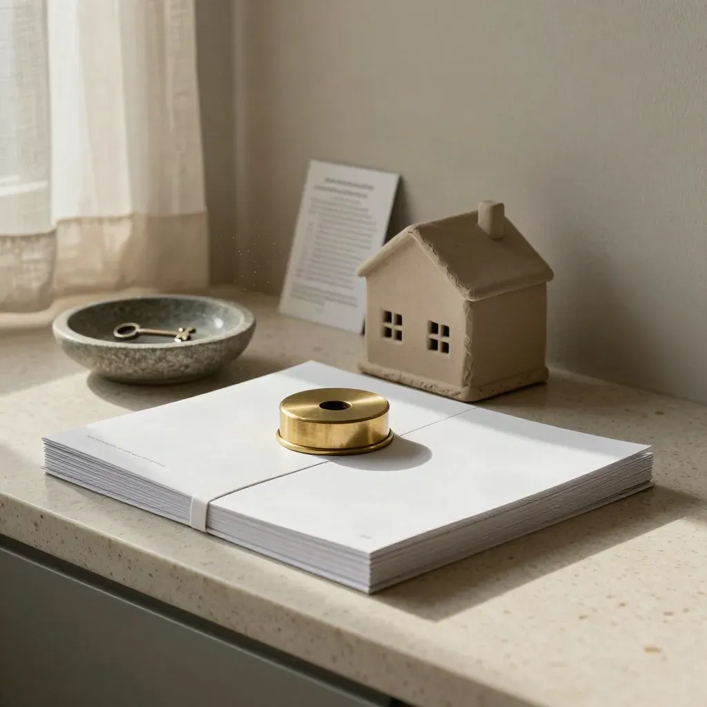 Valuation folio, clay house model, brass weight, and stone key bowl in a sunlit apartment nook.