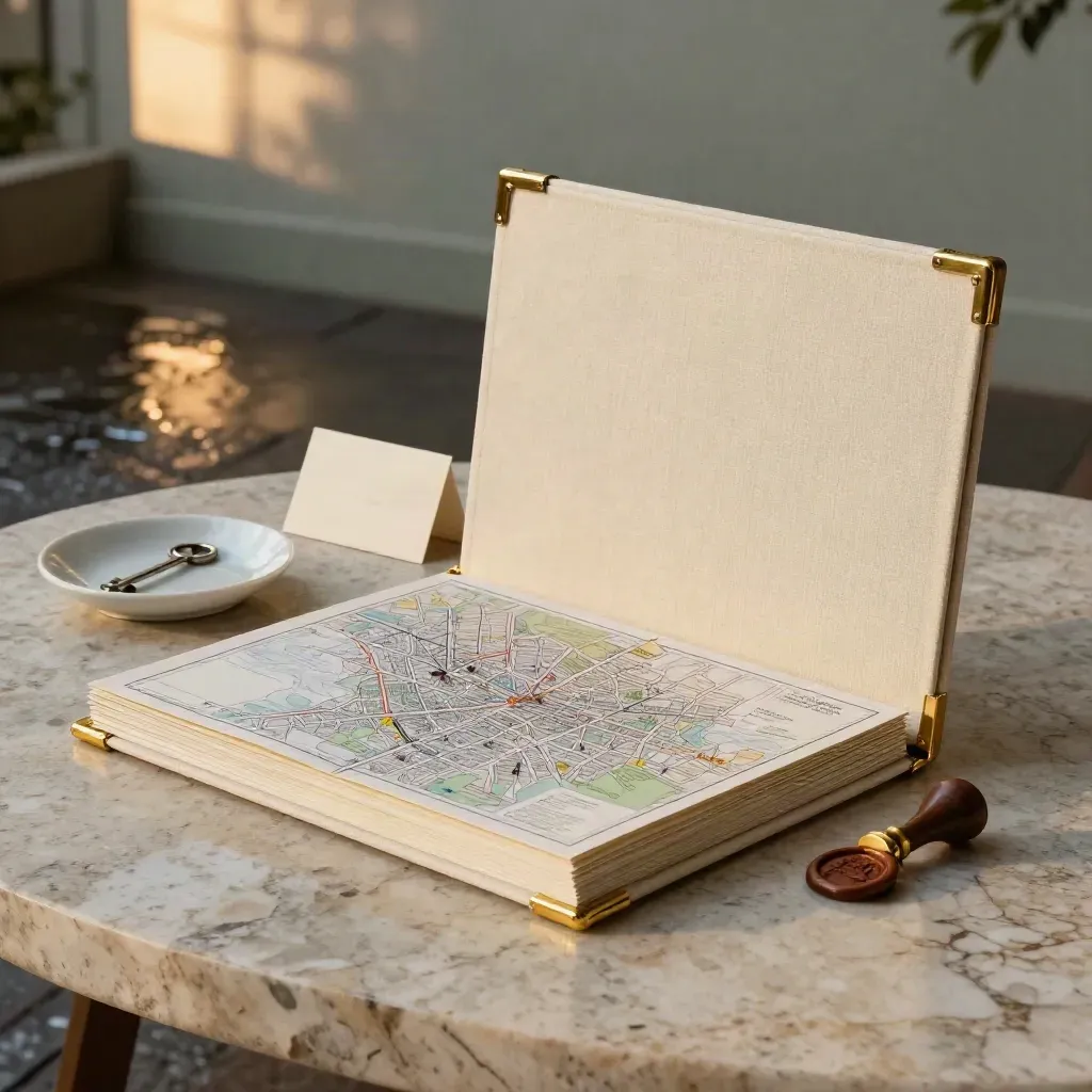 Cream linen buyer dossier, brass corners, map, key tray and wax tool on travertine in soft rain light
