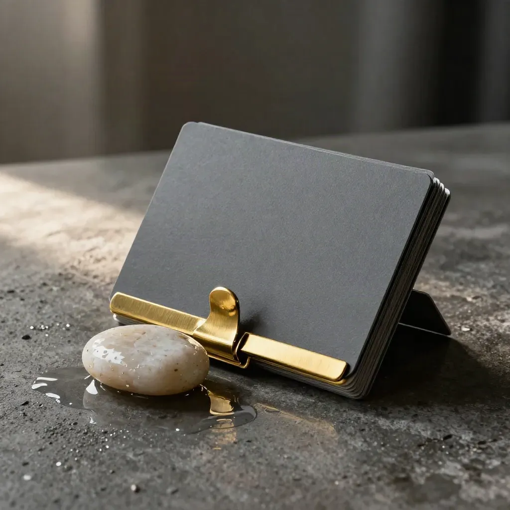 Slate sleeve with brass clip and pebble on wet stone, water beads glinting