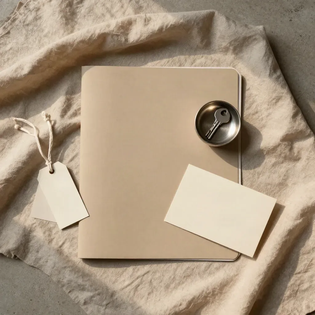 Overhead rental listing folder with keys and blank tags nestled in rumpled linen