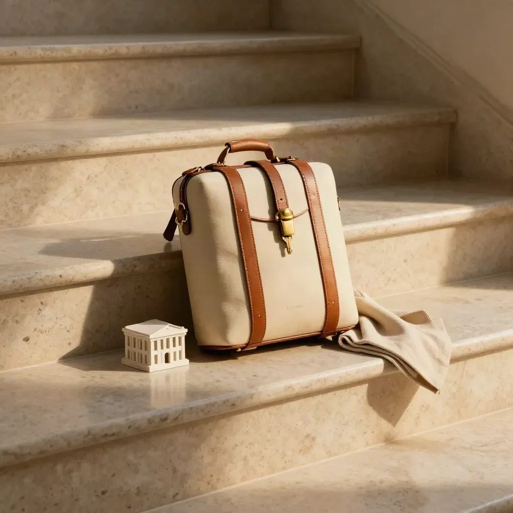 Cream rent pack on travertine stairs with leather strap, model block, and folded cloth