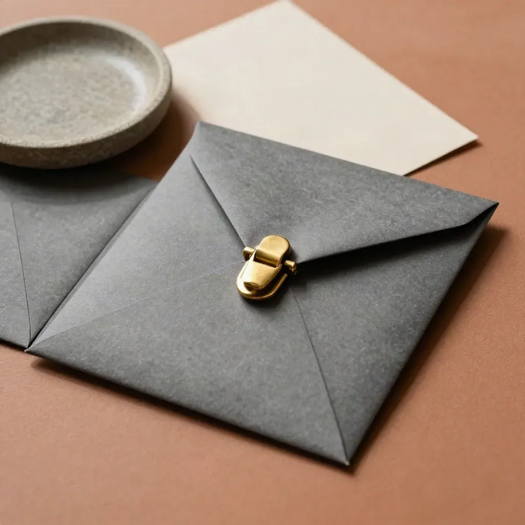 Graphite closing-day packet with brass clasp, envelope sleeve and stone dish on terracotta clay.