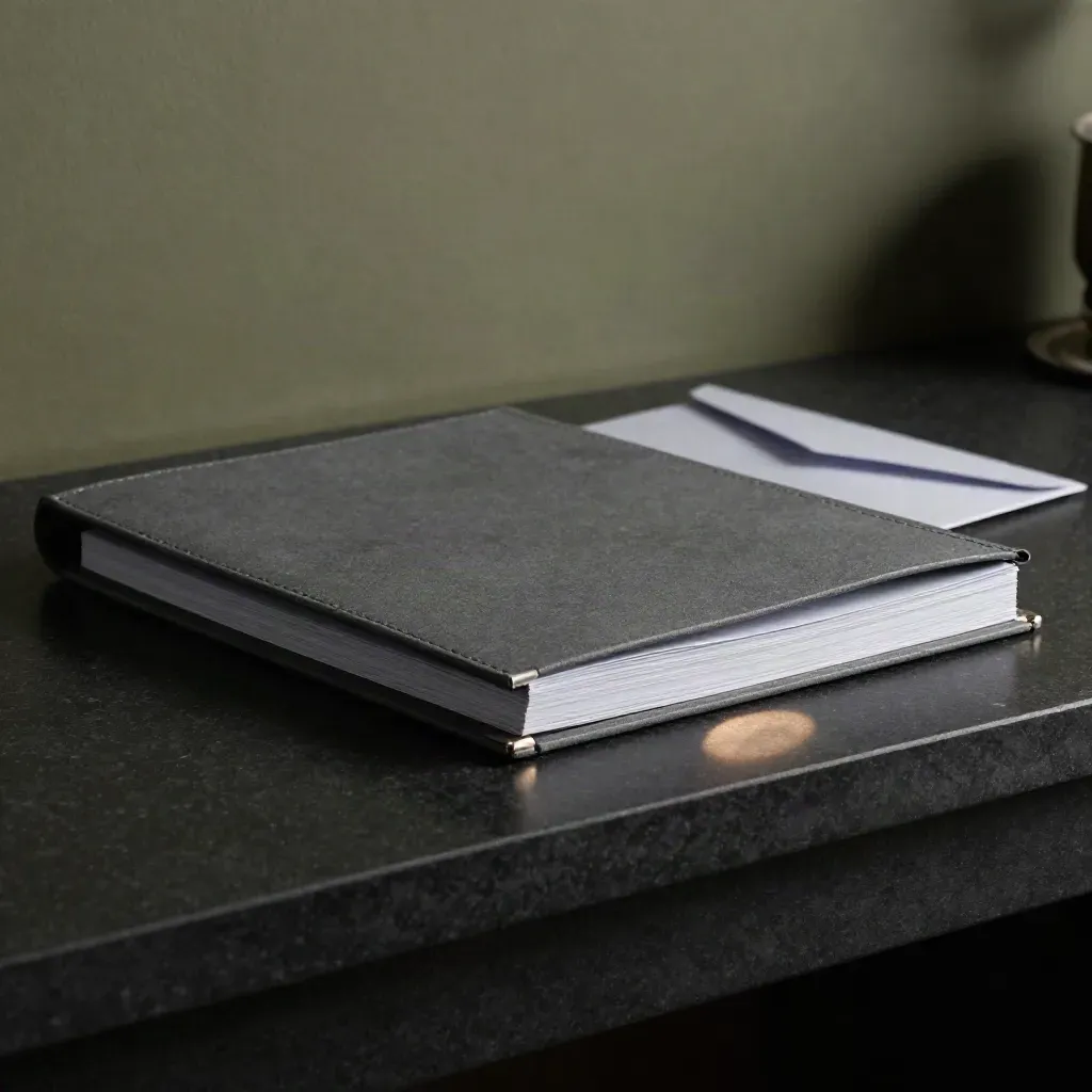 Graphite report pack with blank sheets and a translucent envelope on a dark stone ledge.
