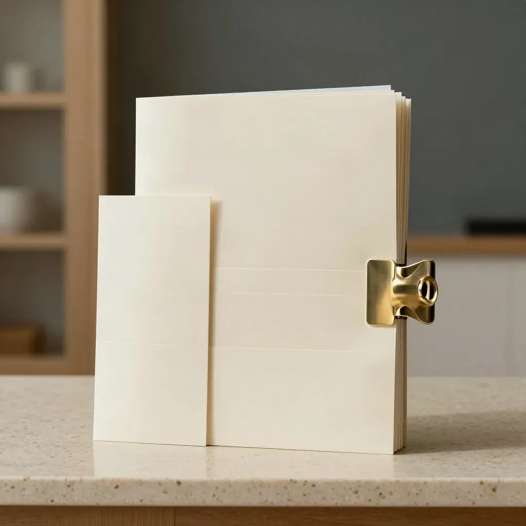 Ivory property packet with clip and drafting card on travertine, softly lit in a studio