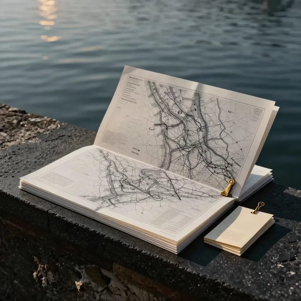 Lake Como map folio with tracing paper layers and brass clip on a dark ledge