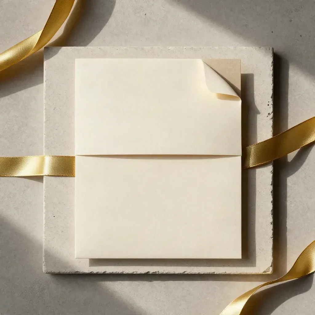Overhead cream seller review packet with stone paperweight and gold ribbon on concrete.