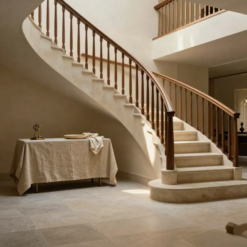 Sunlit limestone atrium with curved staircase, linen console, and open floor for copy.