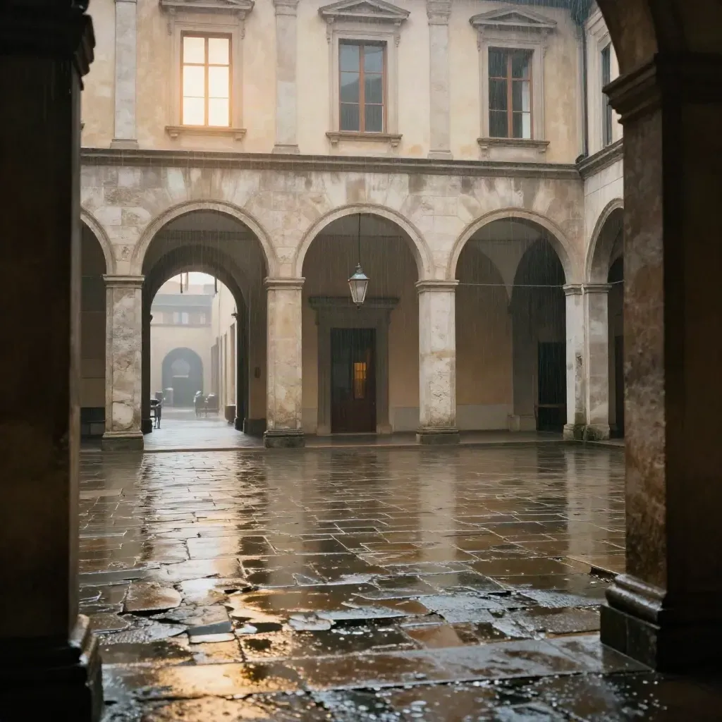 Rain-soaked Milan courtyard with stone arcades, bright window, wet paving and calm copy space.