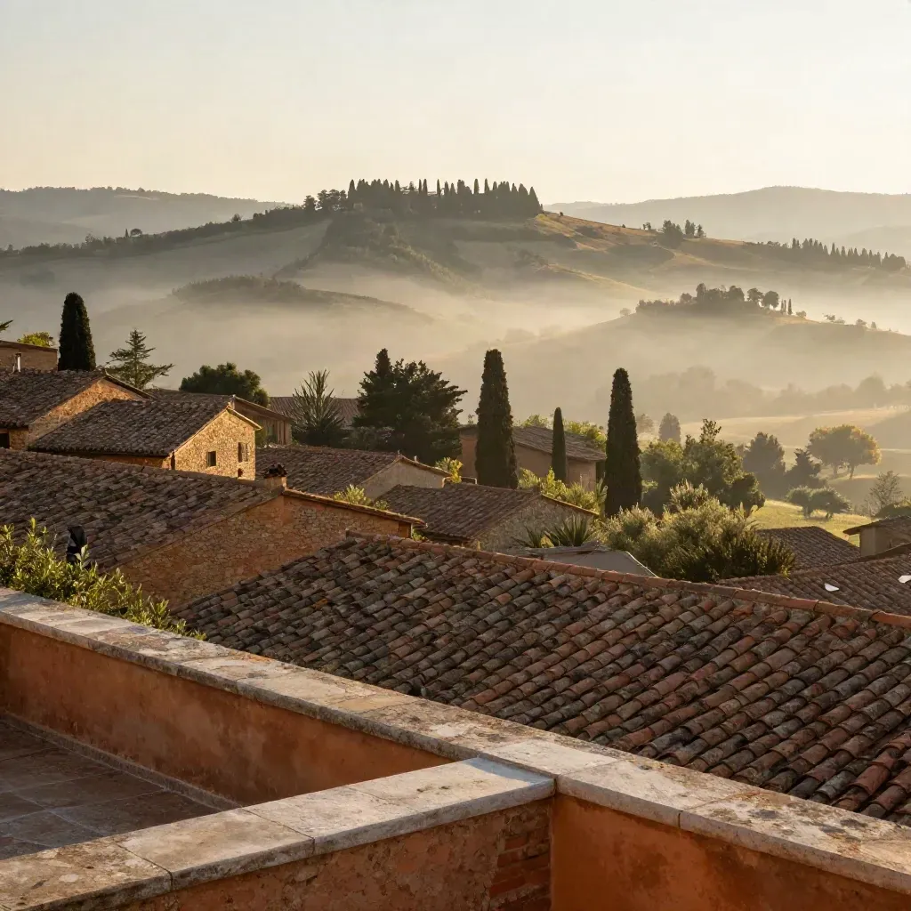 Tuscan hillside village in golden mist above a calm valley, terracotta roofs and cypress line