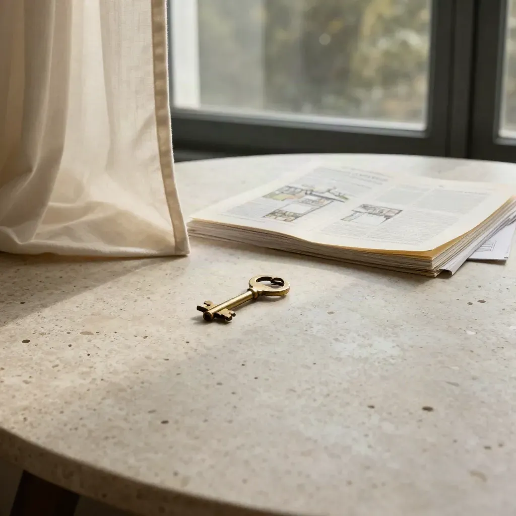 Travertine tabletop by a window with a brass key, linen folio, and soft curtain light.