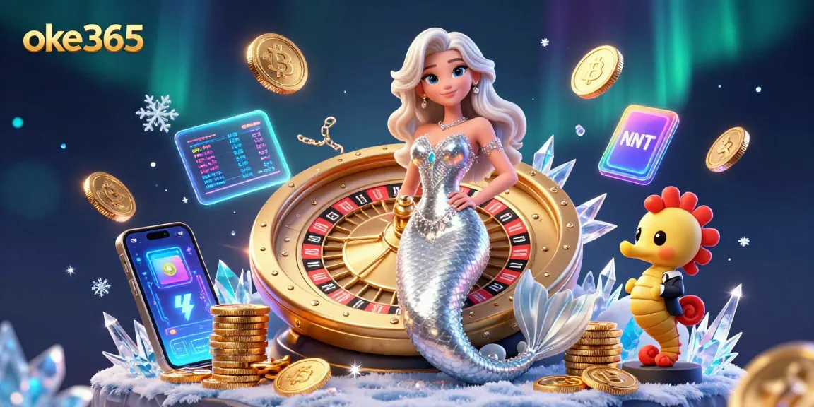 Experience the thrill of gaming with oke365's vibrant digital casino scene featuring roulette and crypto elements.