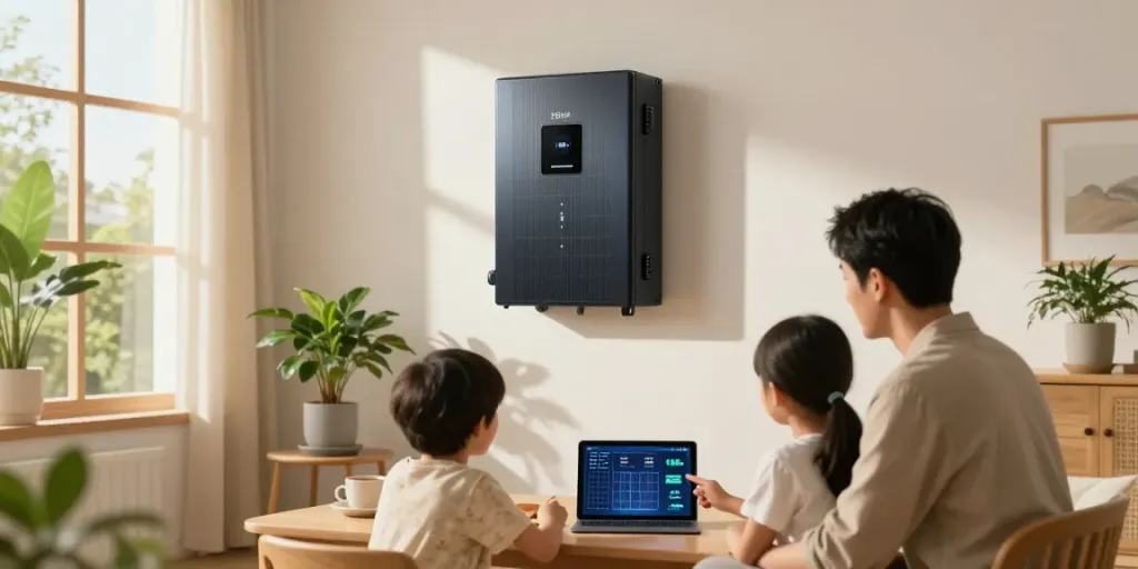 Instalasi inverter dewitoto 5kw di ruang tamu modern dengan keluarga yang mendiskusikan konsumsi energi.