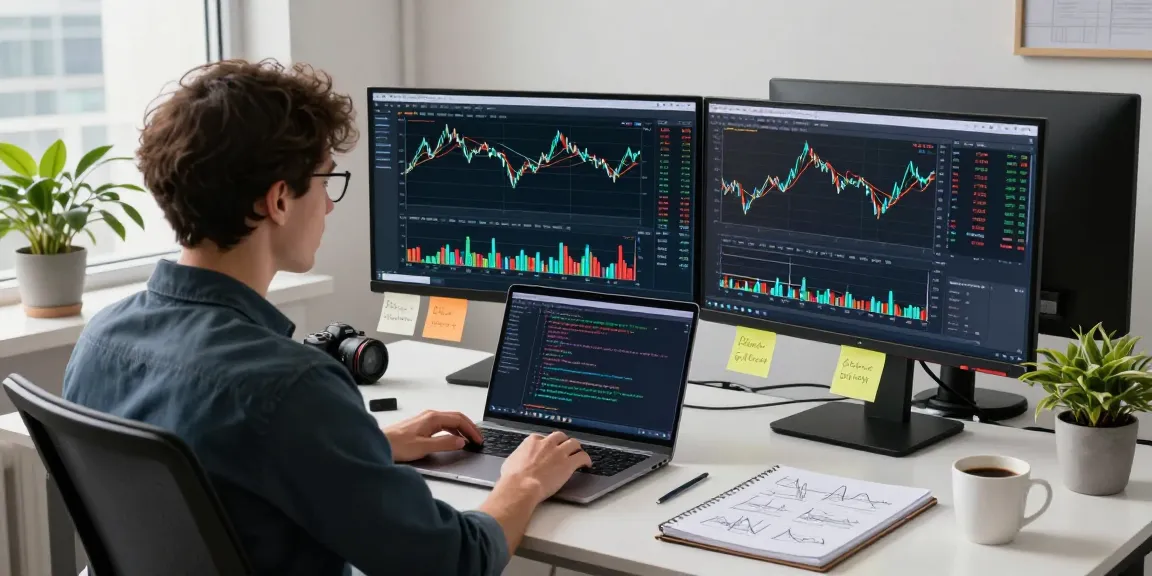 Trader analyzing market data with MT5 charts in a modern workspace.