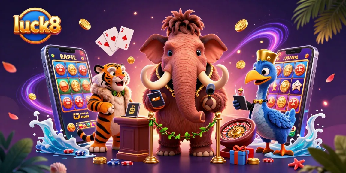 Engage with luck8's vibrant casino atmosphere featuring playful characters and gaming elements.