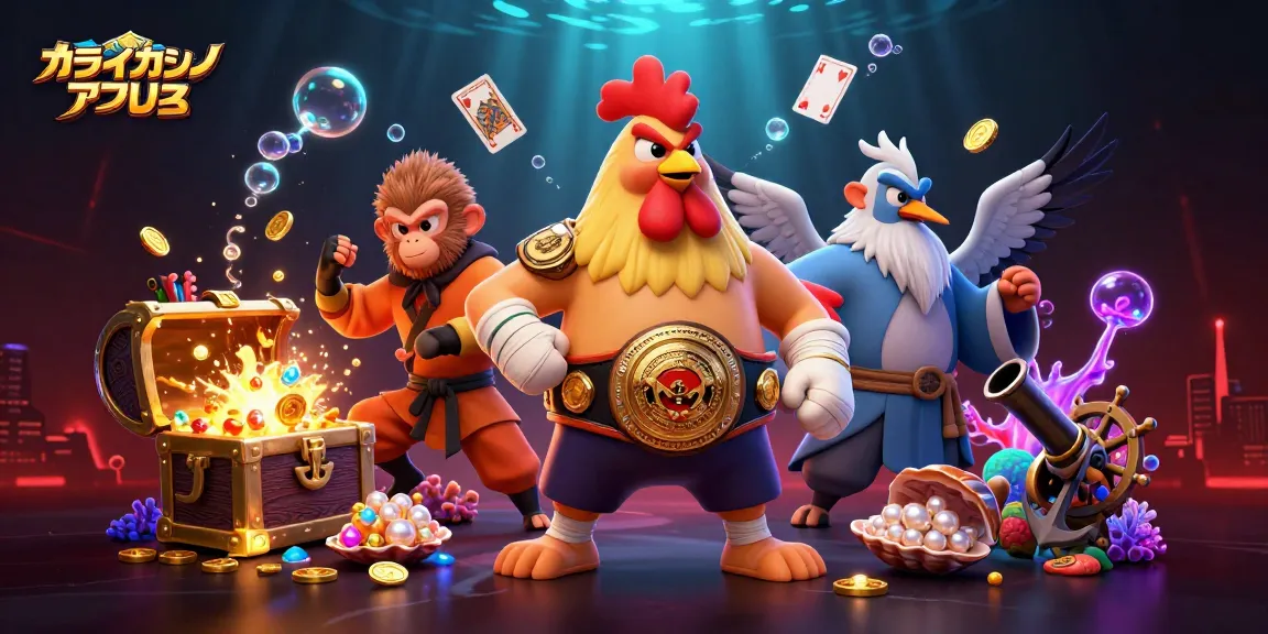 オンラインカジノ アプリ名でワイルドな勝利を狙うカジノキャラクターの賑やかなシーン
