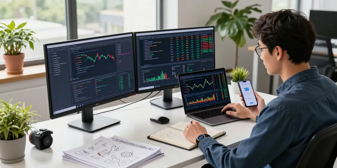 Developer analyzing index backtesting data in a modern tech office with advanced equipment and market visuals.