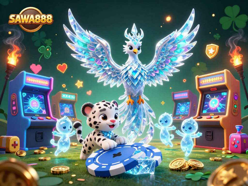 Engage with SAWA888's exciting gaming world featuring an ice phoenix, inviting gamblers to explore chances.