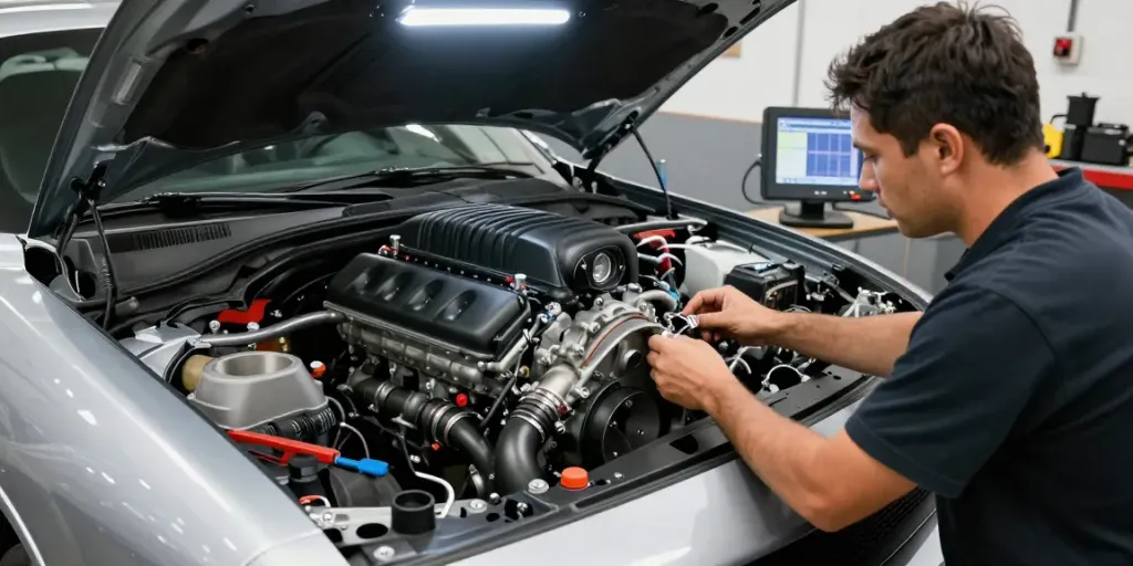 Hellcat motor for sale, showcasing a high-performance supercharged engine being inspected in an automotive workshop.