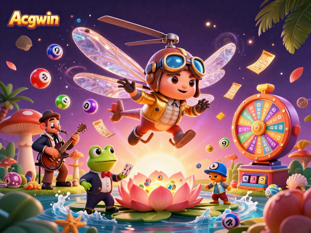Acgwin's vibrant casino scene featuring a dragonfly pilot, frog croupier, and lively jazz cricket band.