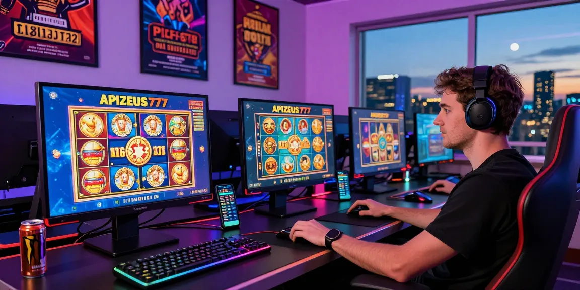 Engaging gaming scene showcasing a player enjoying APIZEUS777 online slot games on multiple screens with vibrant graphics and high-tech accessories.