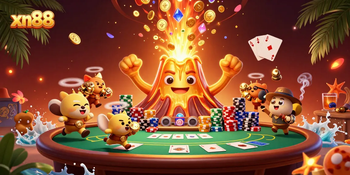 Experience thrilling games at xn88 with a dynamic casino scene featuring a triumphant volcano and playful explorers.