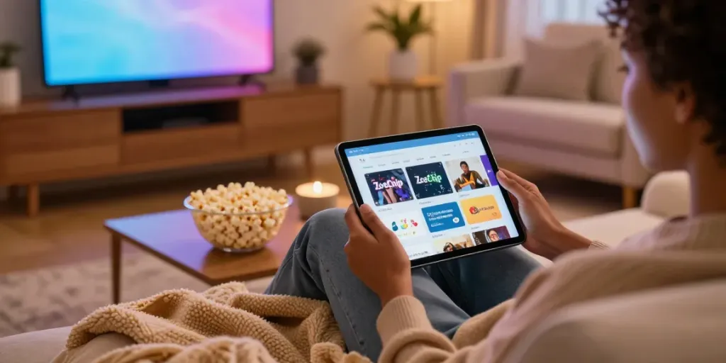 Person enjoying a cozy movie night with ZoeChip streaming on a tablet.