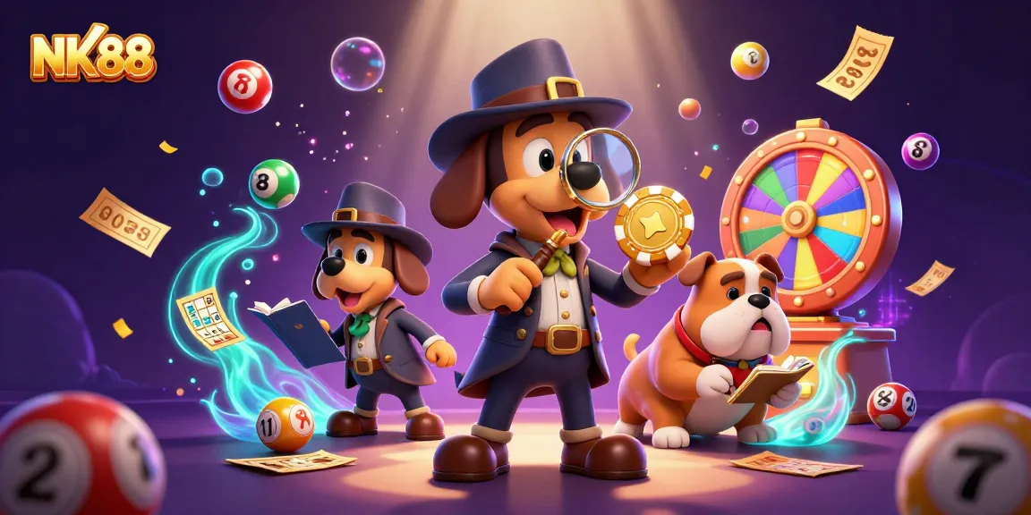 Win exciting rewards at NK88 with a detailed scene of a detective discovering treasures and clues.