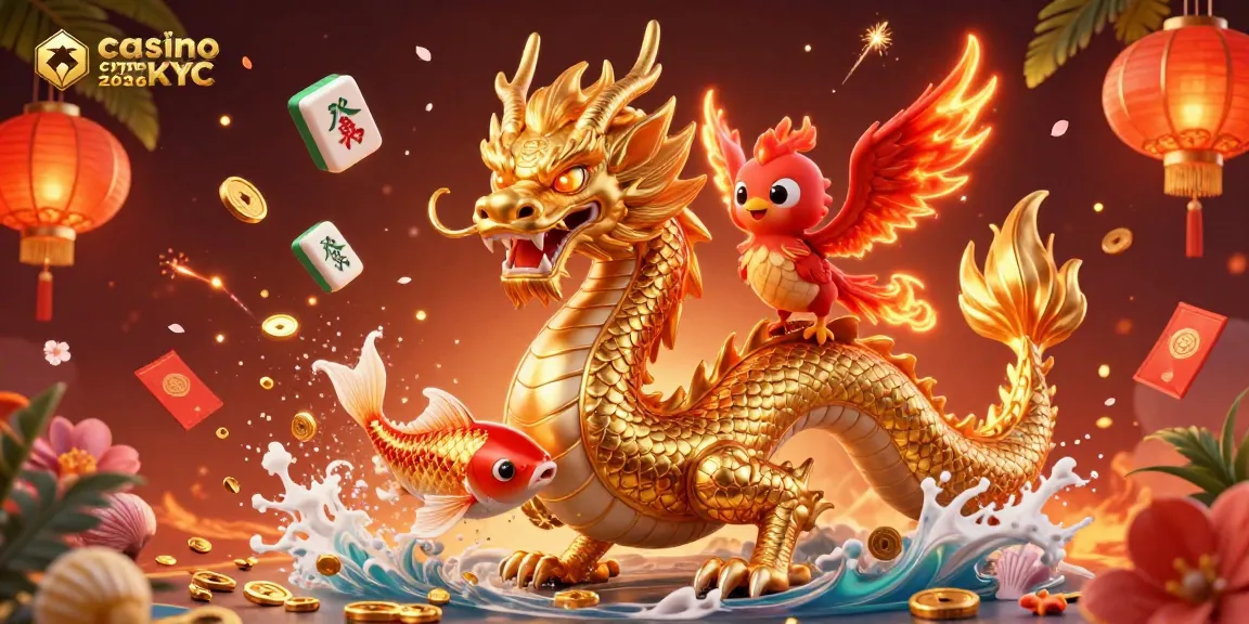 Jouez dans un casino crypto sans KYC 2026 avec des dragons et des pièces d'or flottantes.