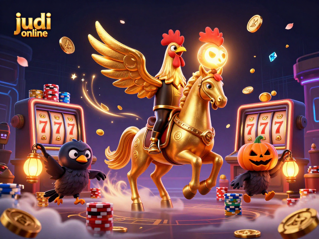 Experience judi online excitement with a golden rooster riding through a vibrant casino scene.