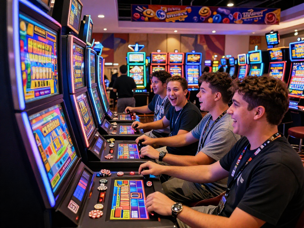 Players enjoying the slot jackpot experience in a lively casino atmosphere with vibrant gaming machines.
