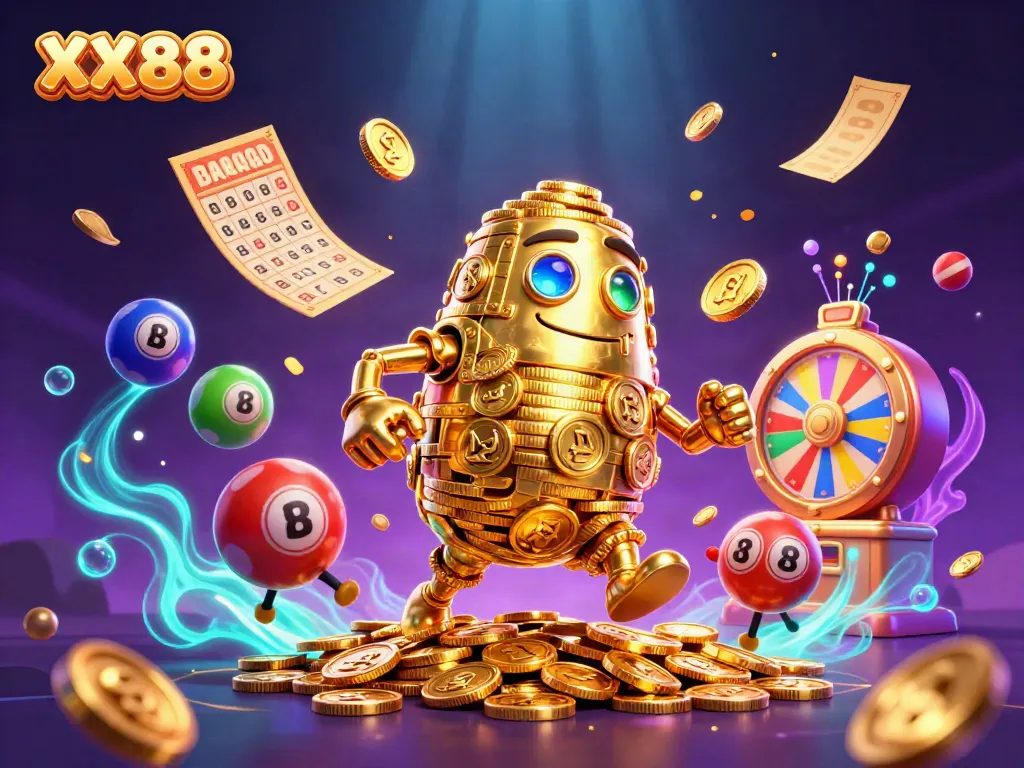 Experience the thrill of XX88 with a golden coin golem and vibrant lottery elements.