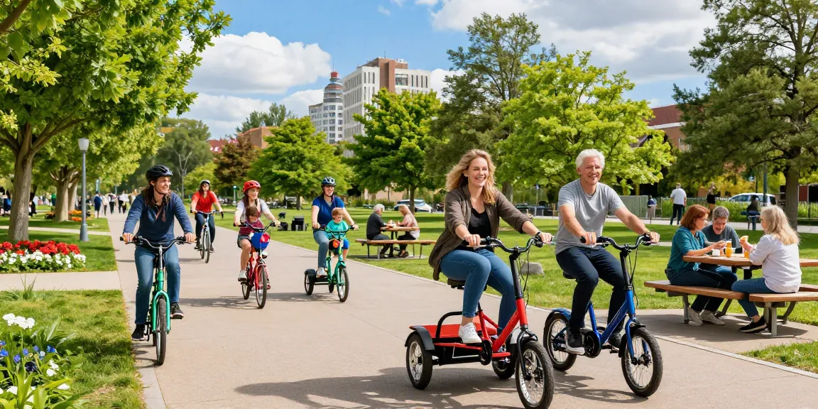 Enjoying the best electric tricycles in a vibrant urban park with families and friends.