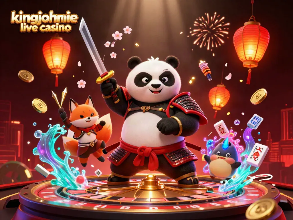Experience live gaming with kingjohnnie live casino through an action-packed 3D scene featuring vibrant casino elements.