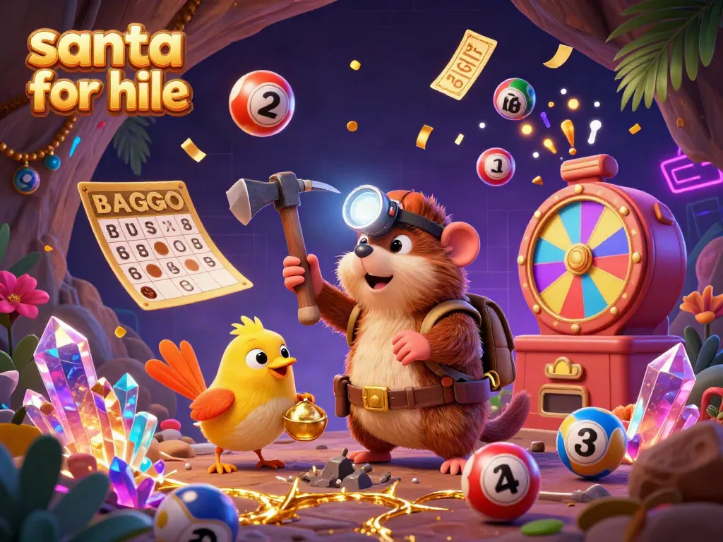 Engaging scene depicting Santa for hire as a cartoon treasure hunter, surrounded by colorful lottery elements.