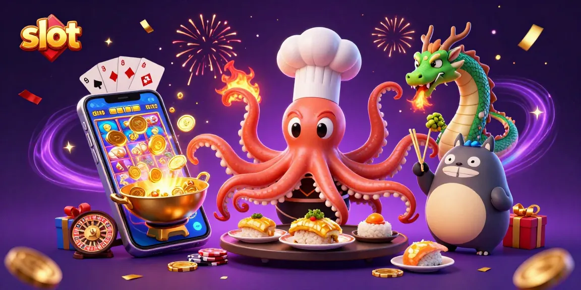 Slot permainan menarik dari Gacor123 menampilkan chef, naga dan tanuki dengan latar kasino.
