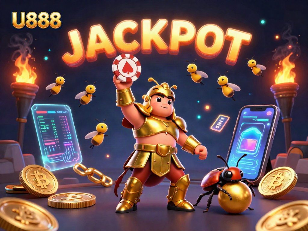 Experience the thrill of U888 with a triumphant beetle, jackpot fireworks, and crypto elements.