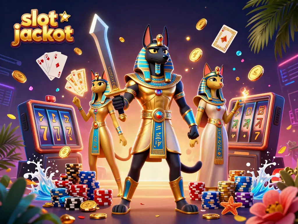 Spin to win in this vivid scene featuring slot jackpot fortune with Anubis and Bastet.