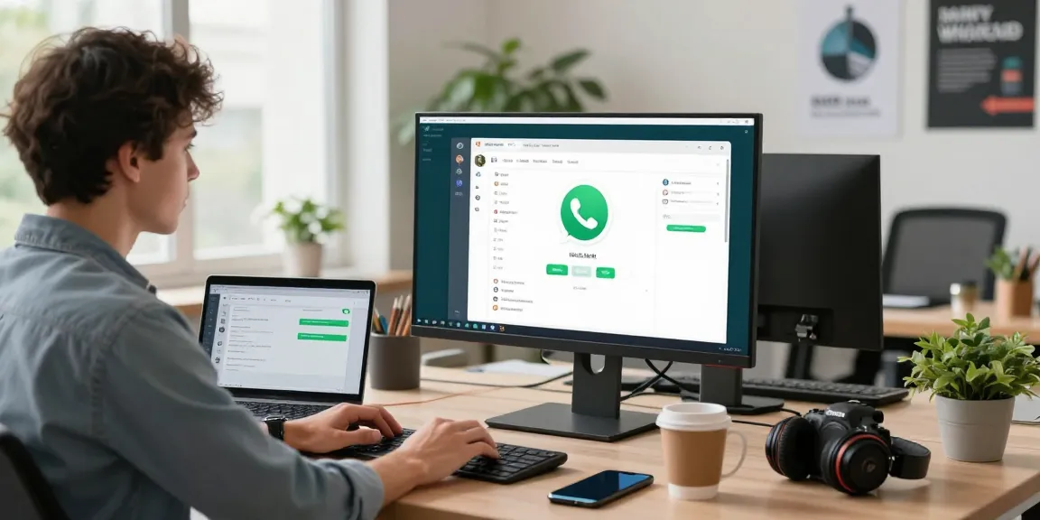 Person using WhatsApp網頁版 on a monitor in a bright tech workspace with efficient tools.